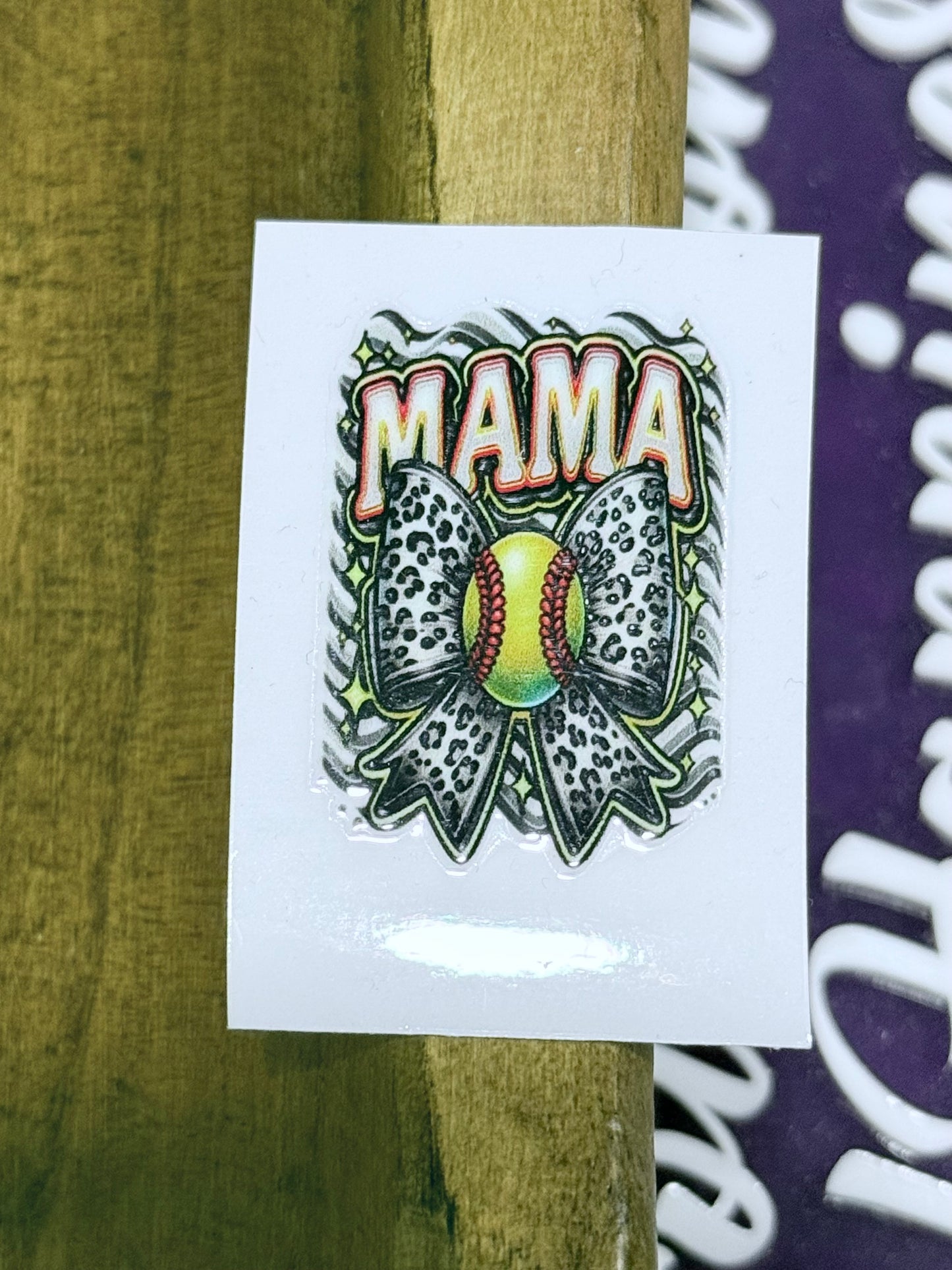 Mama Softball UV DTF Decal – 2x2 Mini Leopard Bow Softball Sticker for Tumblers, Cups & Crafts (Sold Individually)