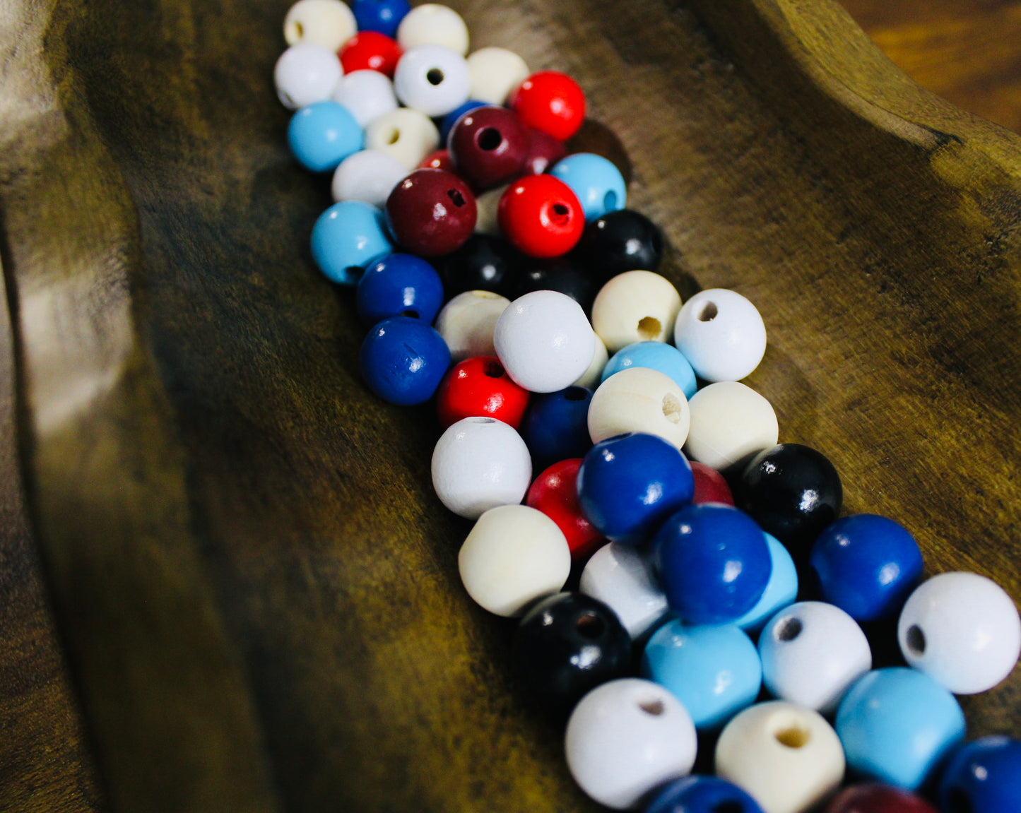 Patriotic 16mm Wood Bead Mix Red White Blue Natural Wood 50 Count Bag