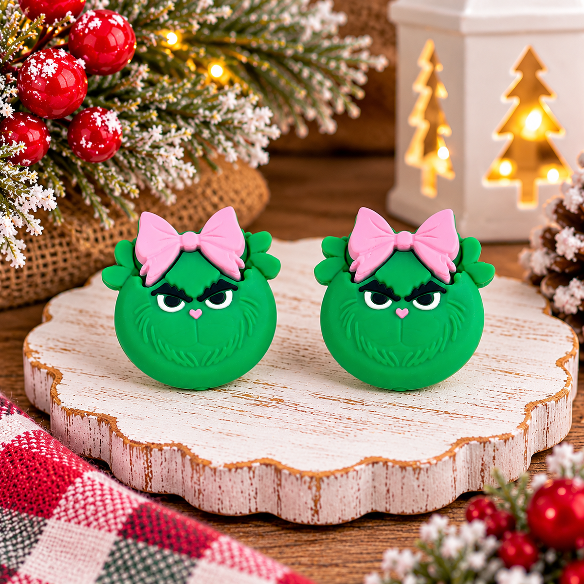 Green Grumpy Christmas Silicone Focal Bead with Pink Bow | Holiday Craft Supplies