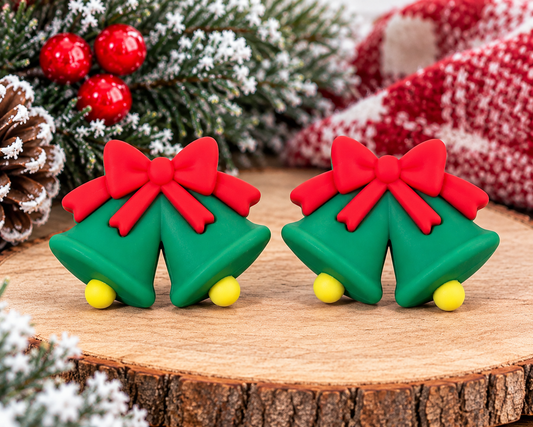 Christmas Bells Silicone Focal Bead | Red Bow & Green Holiday Bells | Sold Individually