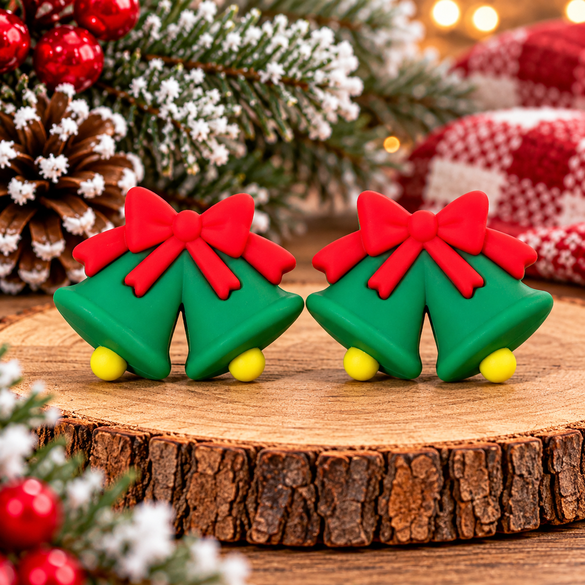 Christmas Bells Silicone Focal Bead | Red Bow & Green Holiday Bells | Sold Individually