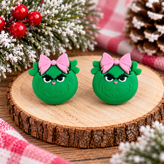 Green Grumpy Christmas Silicone Focal Bead with Pink Bow | Holiday Craft Supplies