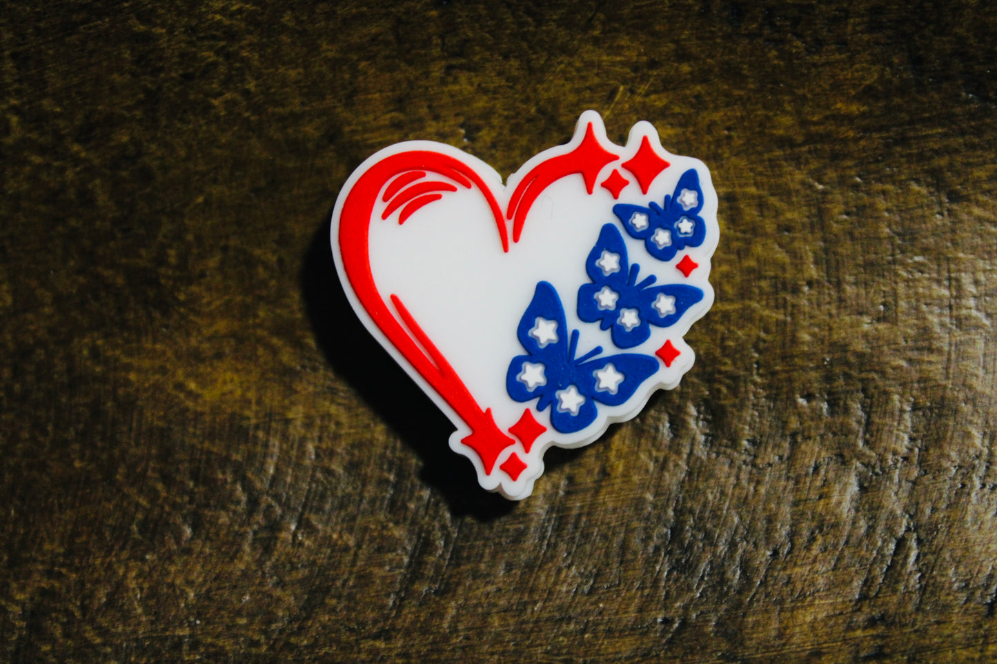 Red White Blue Heart With Butterflies Silicone Focal Bead