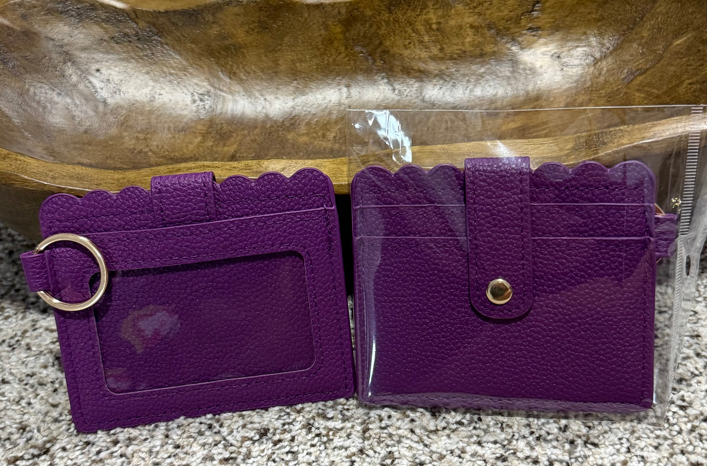 Plum Scalloped Edge Card Holder Wallet – Faux Leather ID Badge Holder with Keyring & Snap Closure