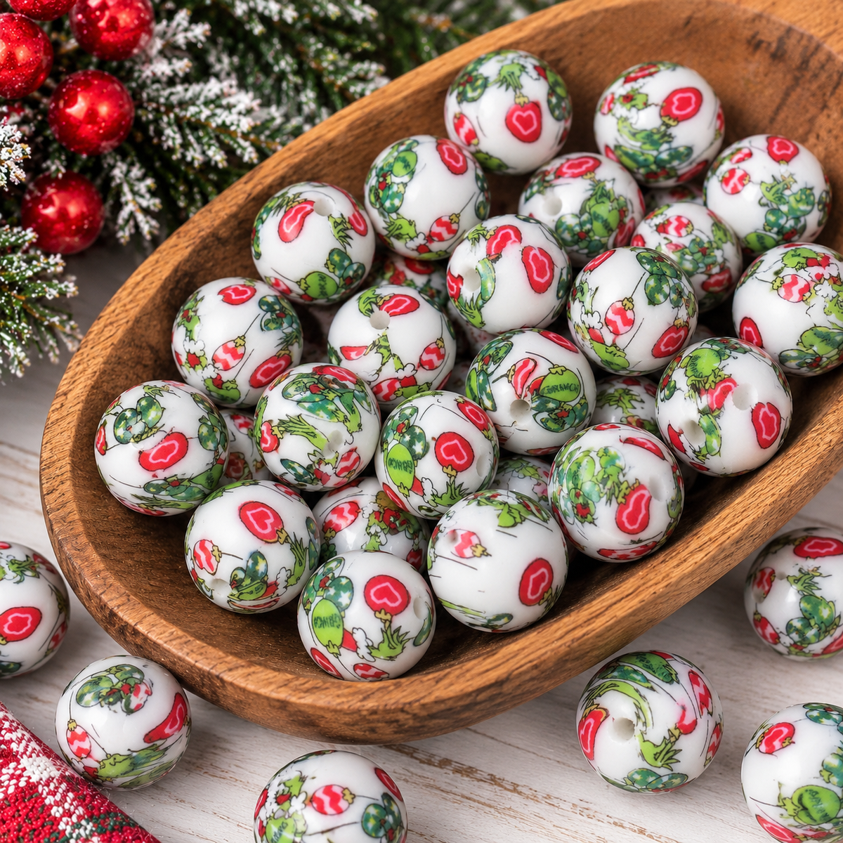 Merry Grinchmas Mayhem | 15mm Christmas Printed Silicone Beads
