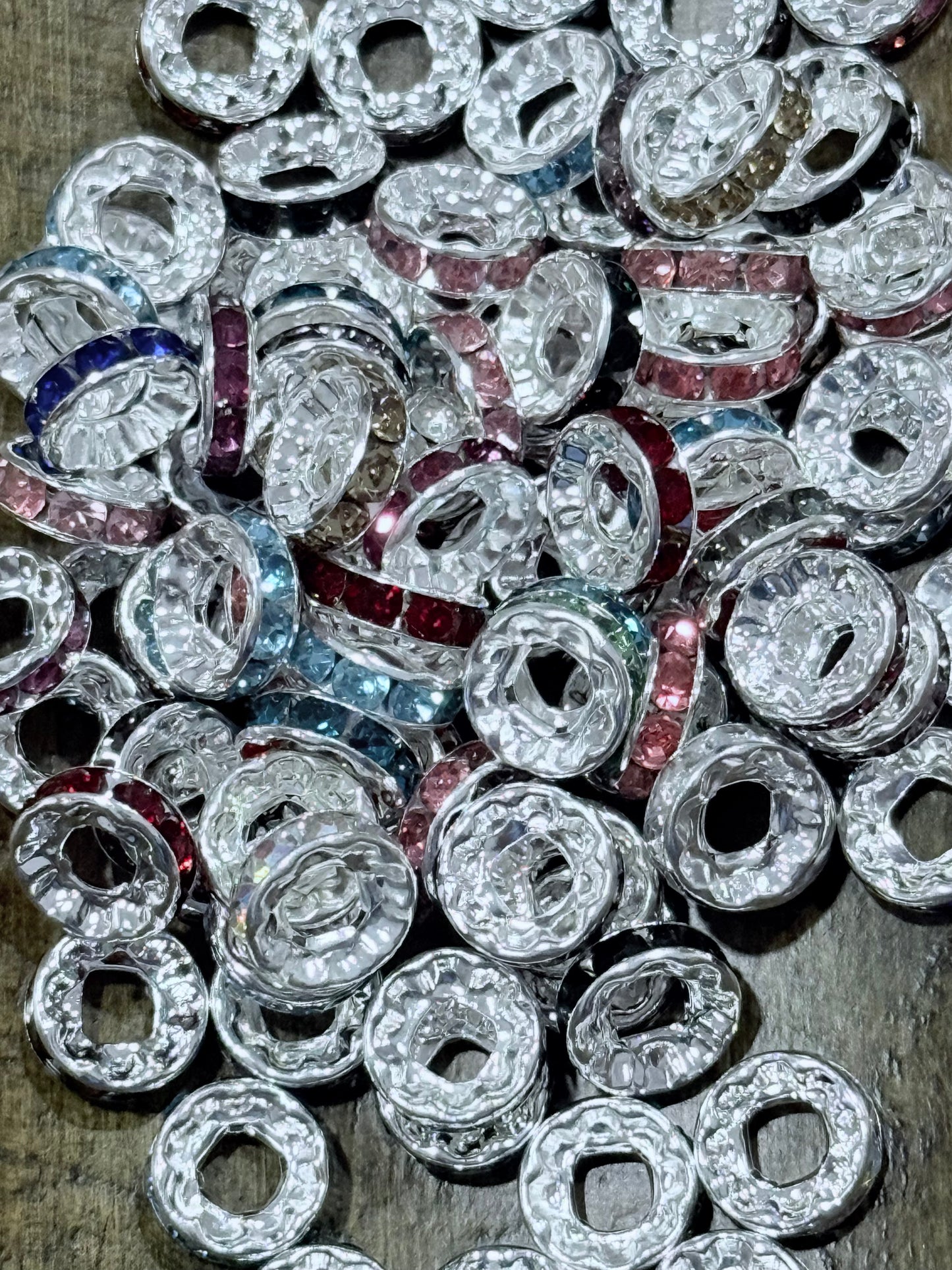 10mm Mixed Color Rhinestone Spacer Beads – 50 Count Wide Mouth Silver Alloy Spacers for Beaded Jewelry & Crafting