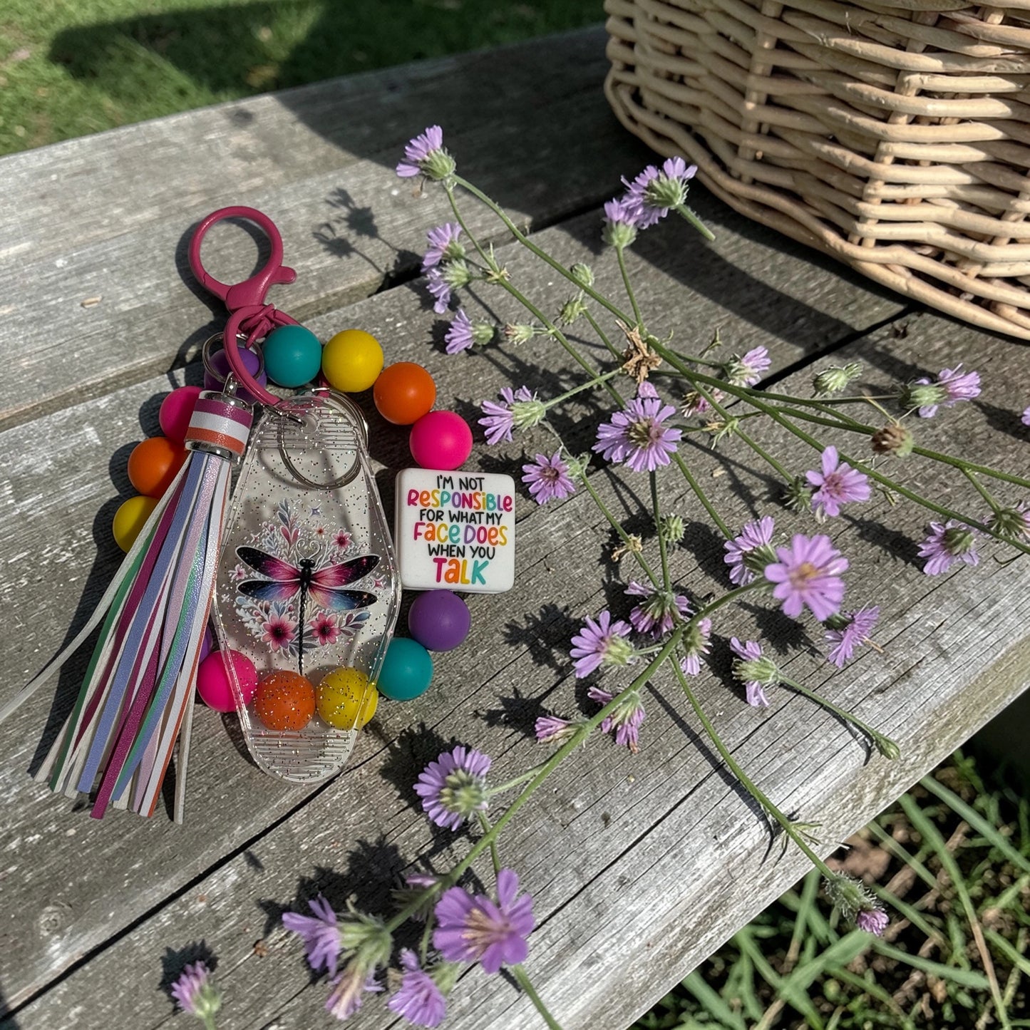 Sunshine Happiness Dragonfly Wristlet Keychain Bundle – Funny Quote Silicone Bead Wristlet, Colorful Tassel Keychain Gift