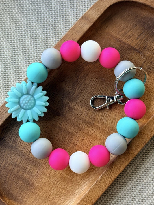 Turquoise Bloom flower beaded wristlet from Four Seasons of Happiness, available finished or as a DIY silicone bead kit.