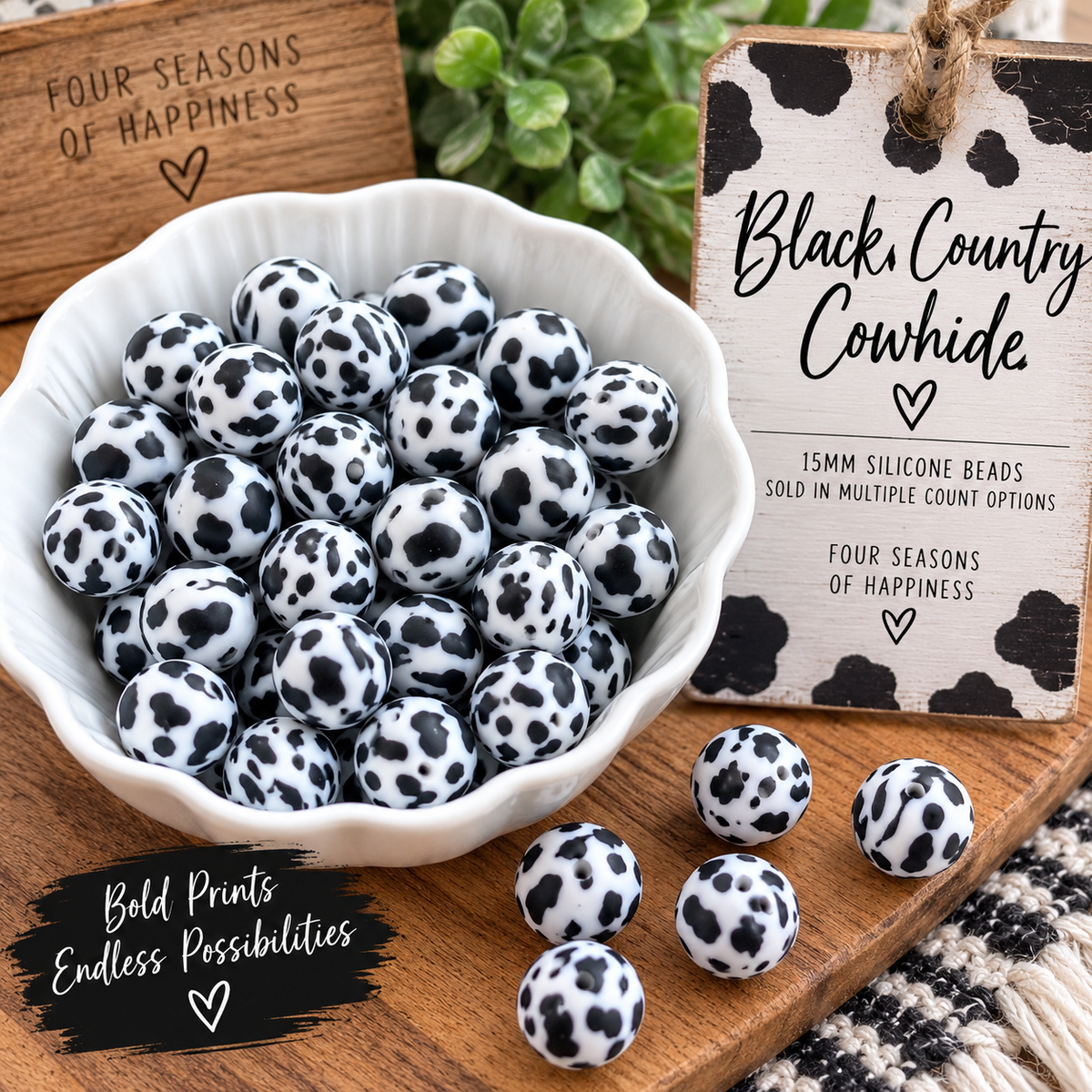 Black Country Cowhide 15mm Printed Silicone Bead – Black & White Cow Print | FSOH