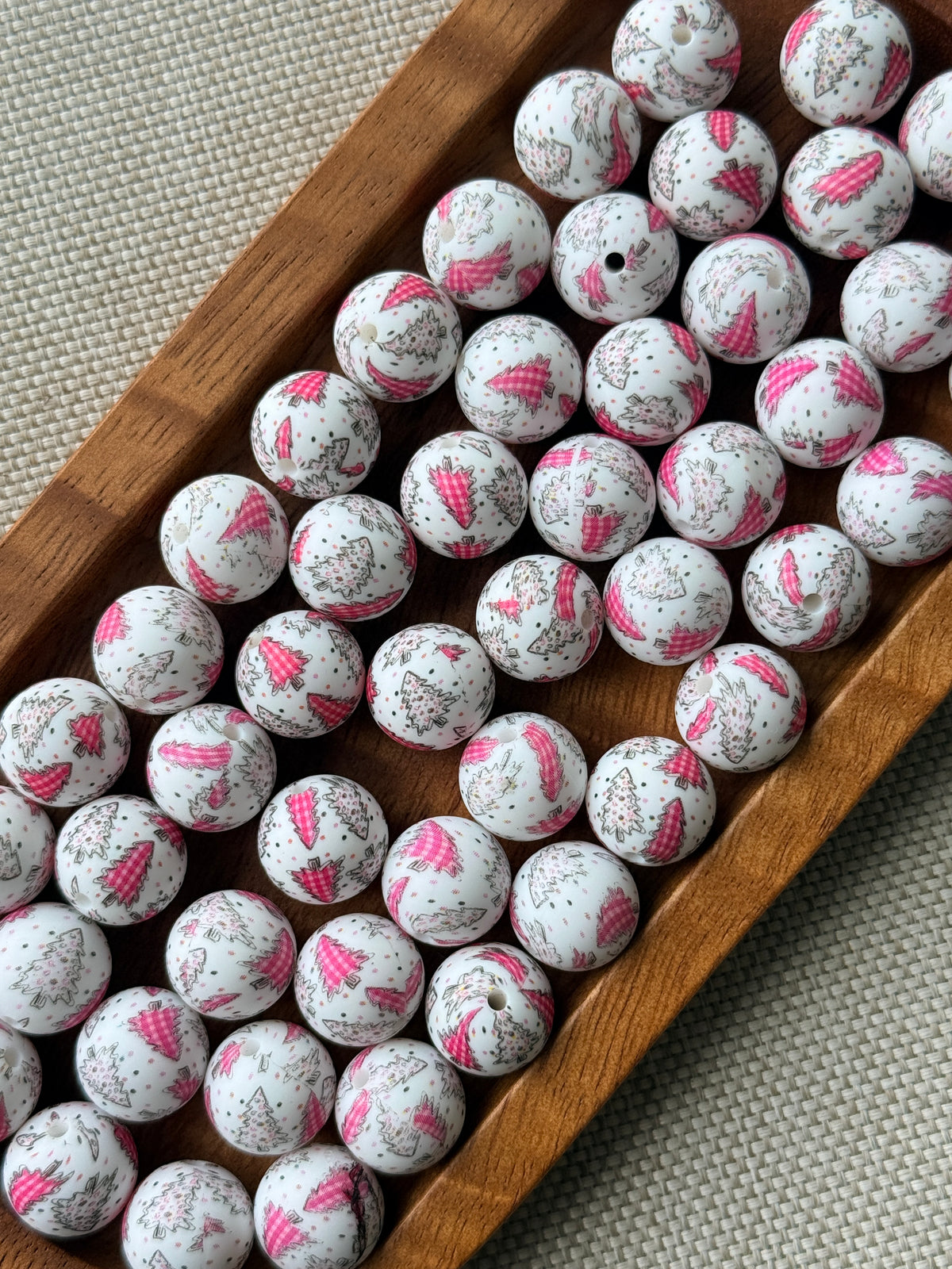 15mm Pink Christmas Tree Printed Silicone Beads | Pastel Craft Beads