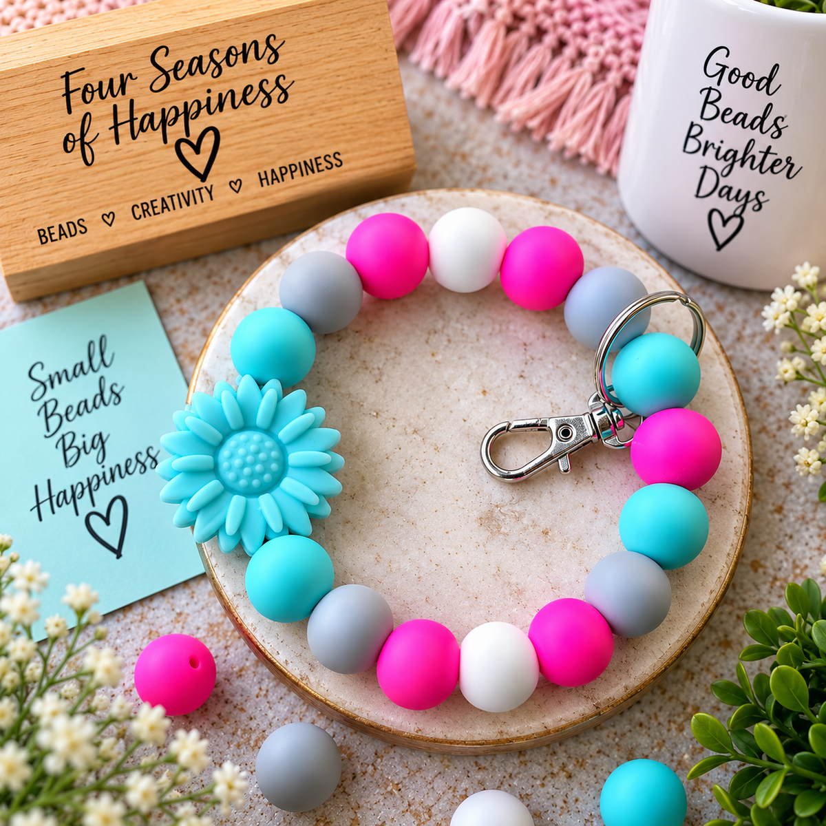 Turquoise Bloom Flower Wristlet – DIY Silicone Bead Kit or Premade Wristlet | FSOH