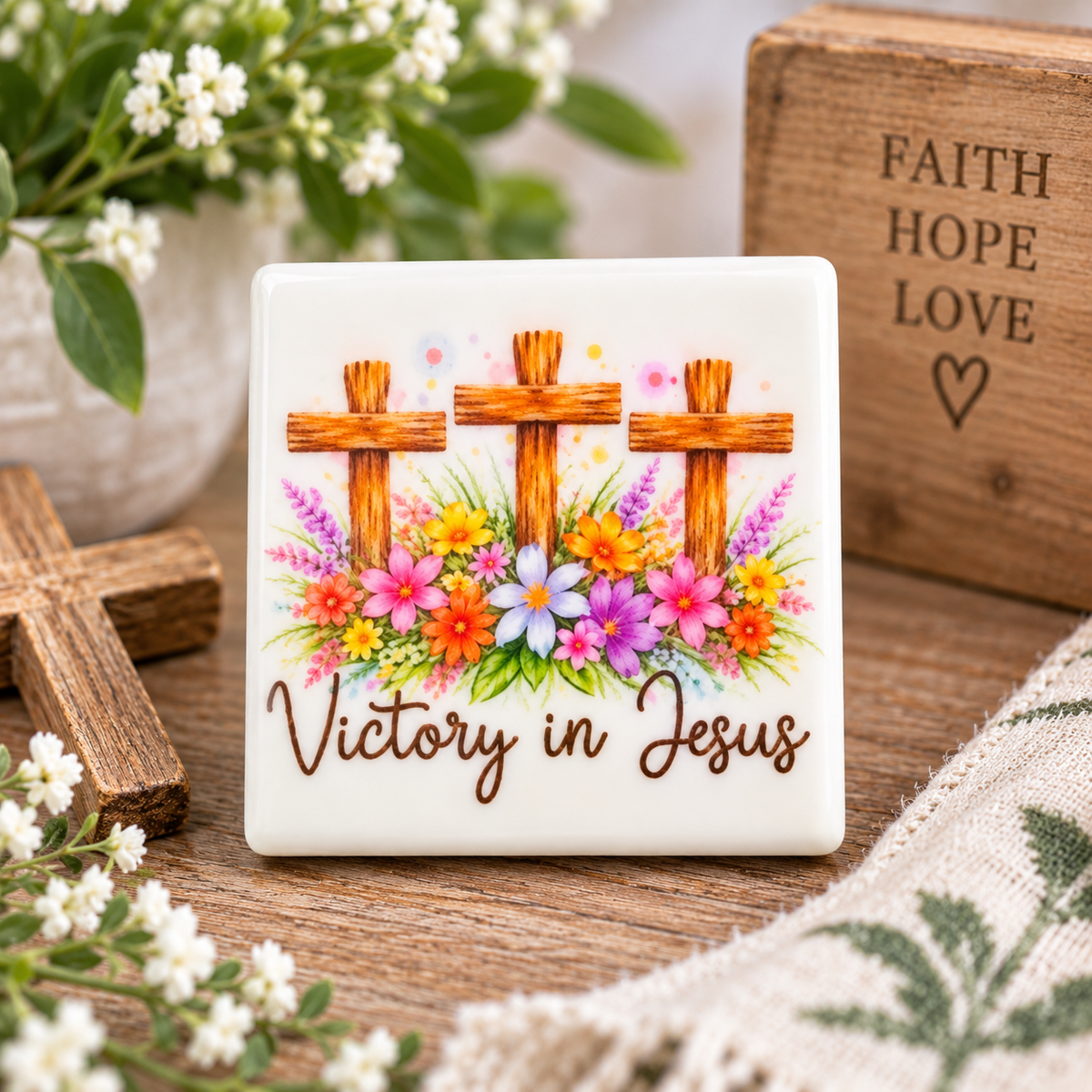 Victory in Jesus Floral Cross Printed Silicone Focal Bead | FSOH