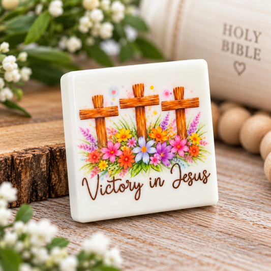 Victory in Jesus Floral Cross Printed Silicone Focal Bead | FSOH