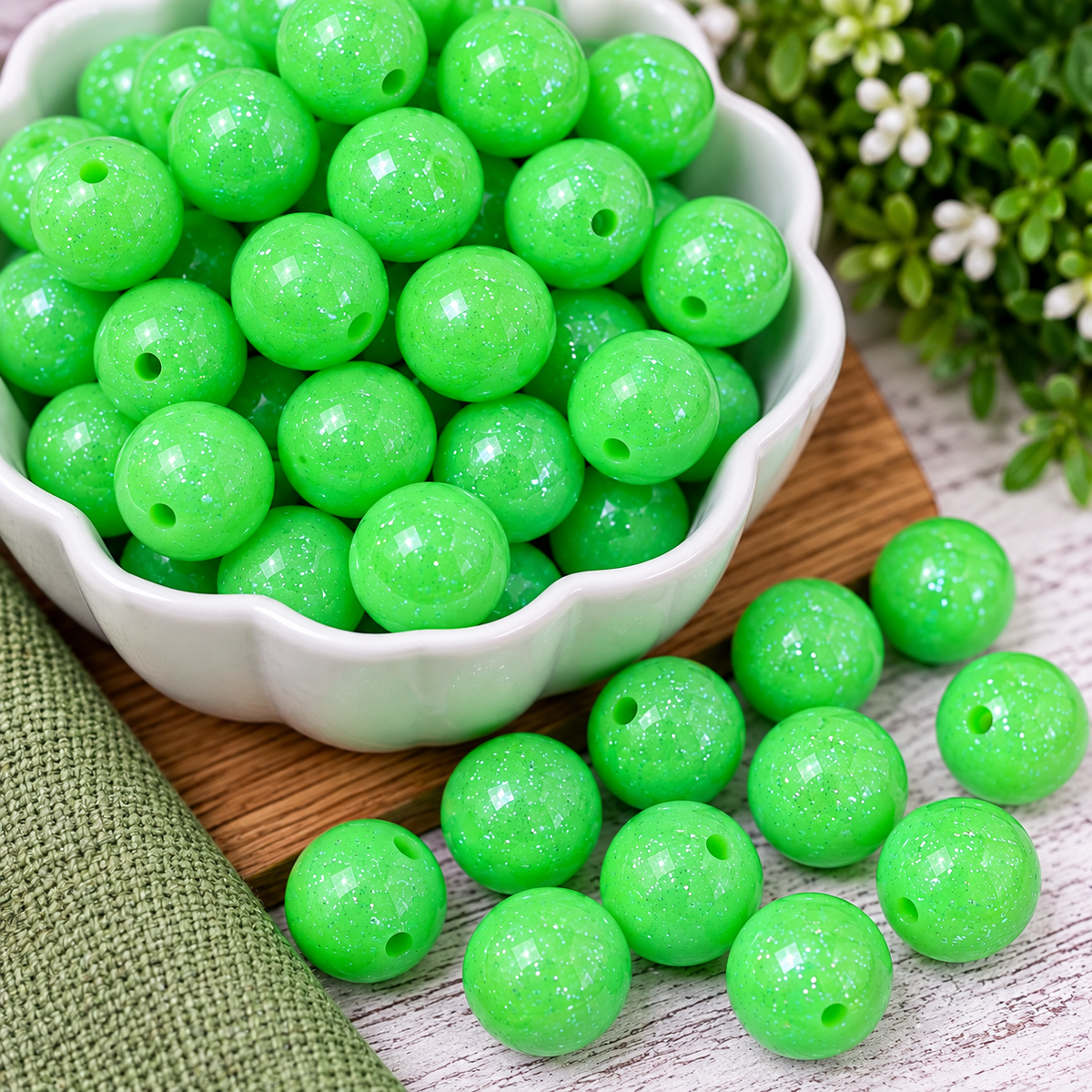Neon Burst Jelly™ | 15mm Glitter Fluorescent Green Silicone Round Beads – Bold Statement Craft Beads
