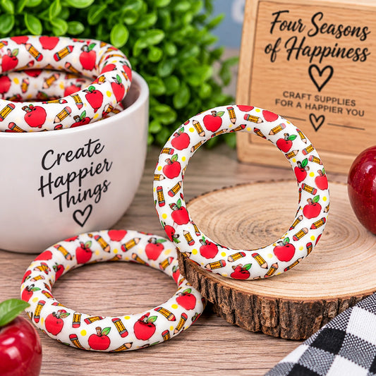 Happy Little Lessons – 65mm Apple & Pencil Printed Silicone Ring Bead | FSOH