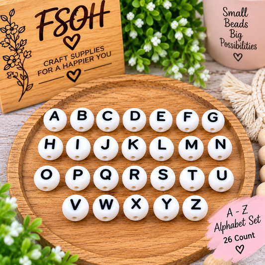 A–Z Alphabet 15mm Silicone Letter Beads – 26 Count Set