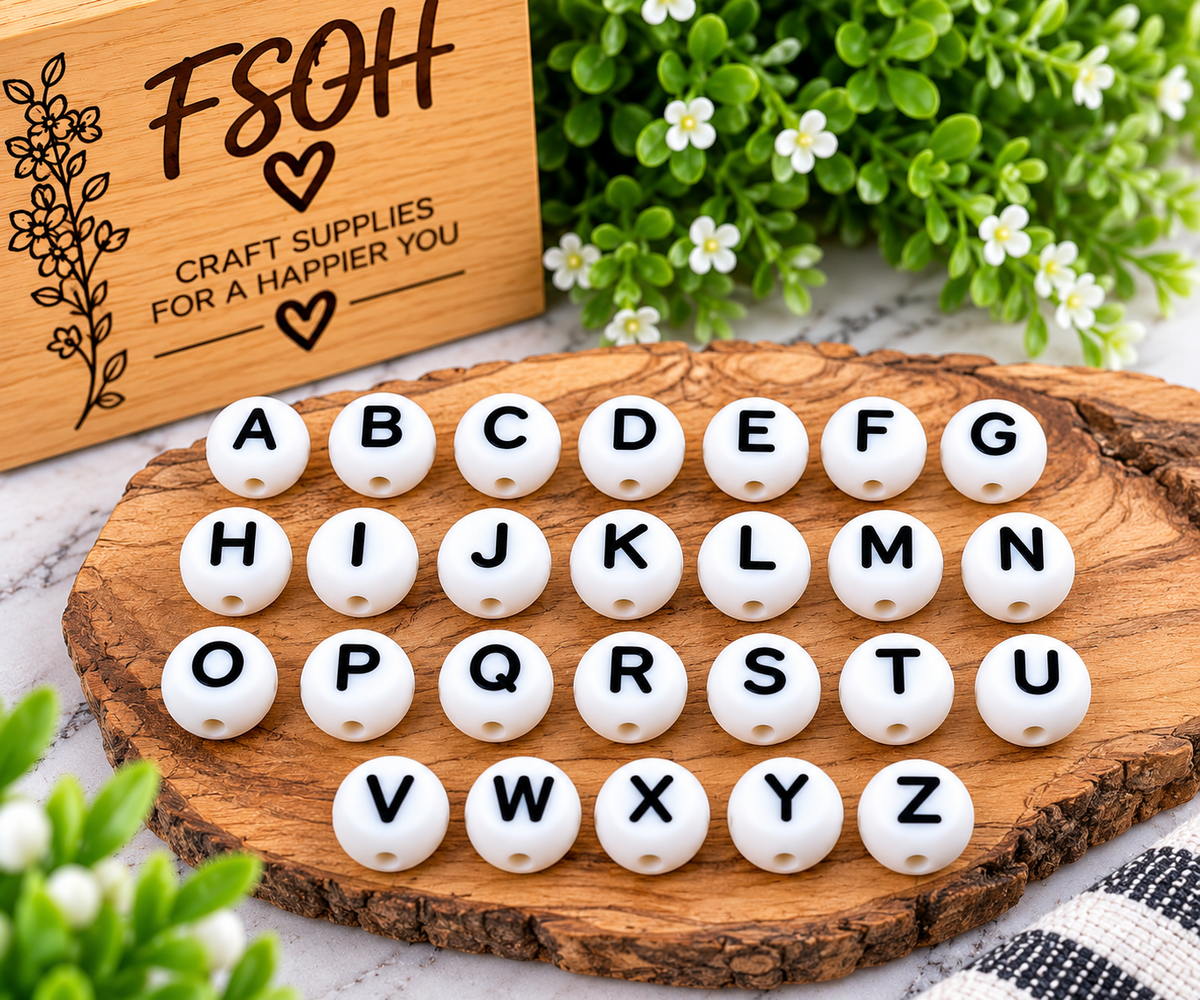 A–Z Alphabet 15mm Silicone Letter Beads – 26 Count Set