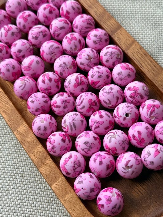 Pretty in Bows – 15mm Pink Bow Printed Silicone Beads
