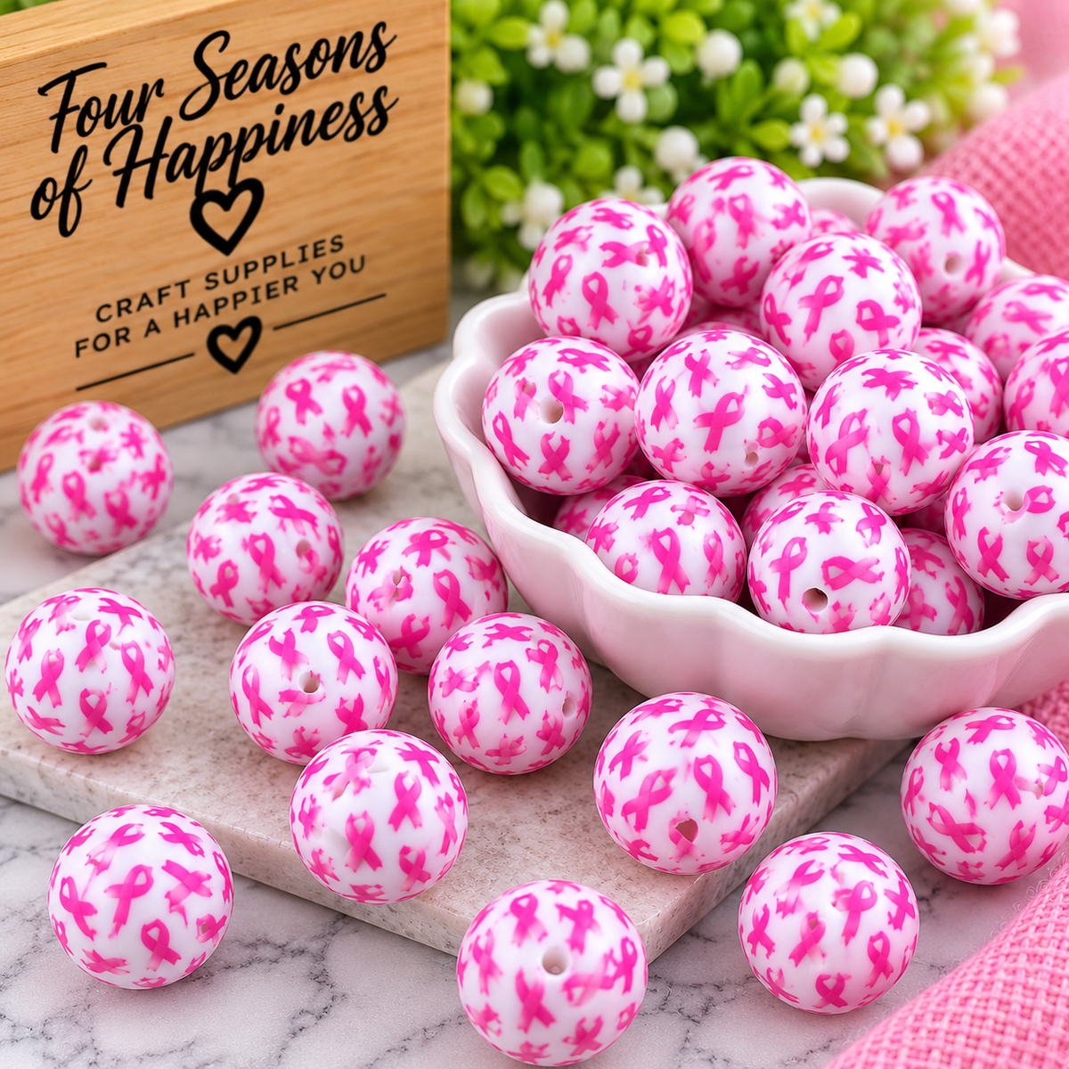 Ribbons of Hope – 15mm Pink Awareness Ribbon Printed Silicone Bead