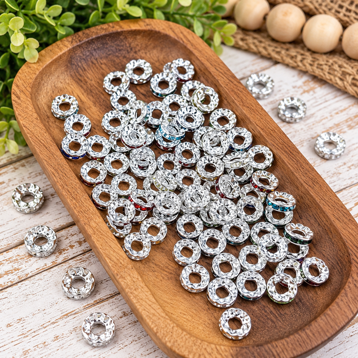 10mm Mixed Color Rhinestone Spacer Beads – 40 Count Wide Mouth Silver Alloy Spacers for Beaded Jewelry & Crafting
