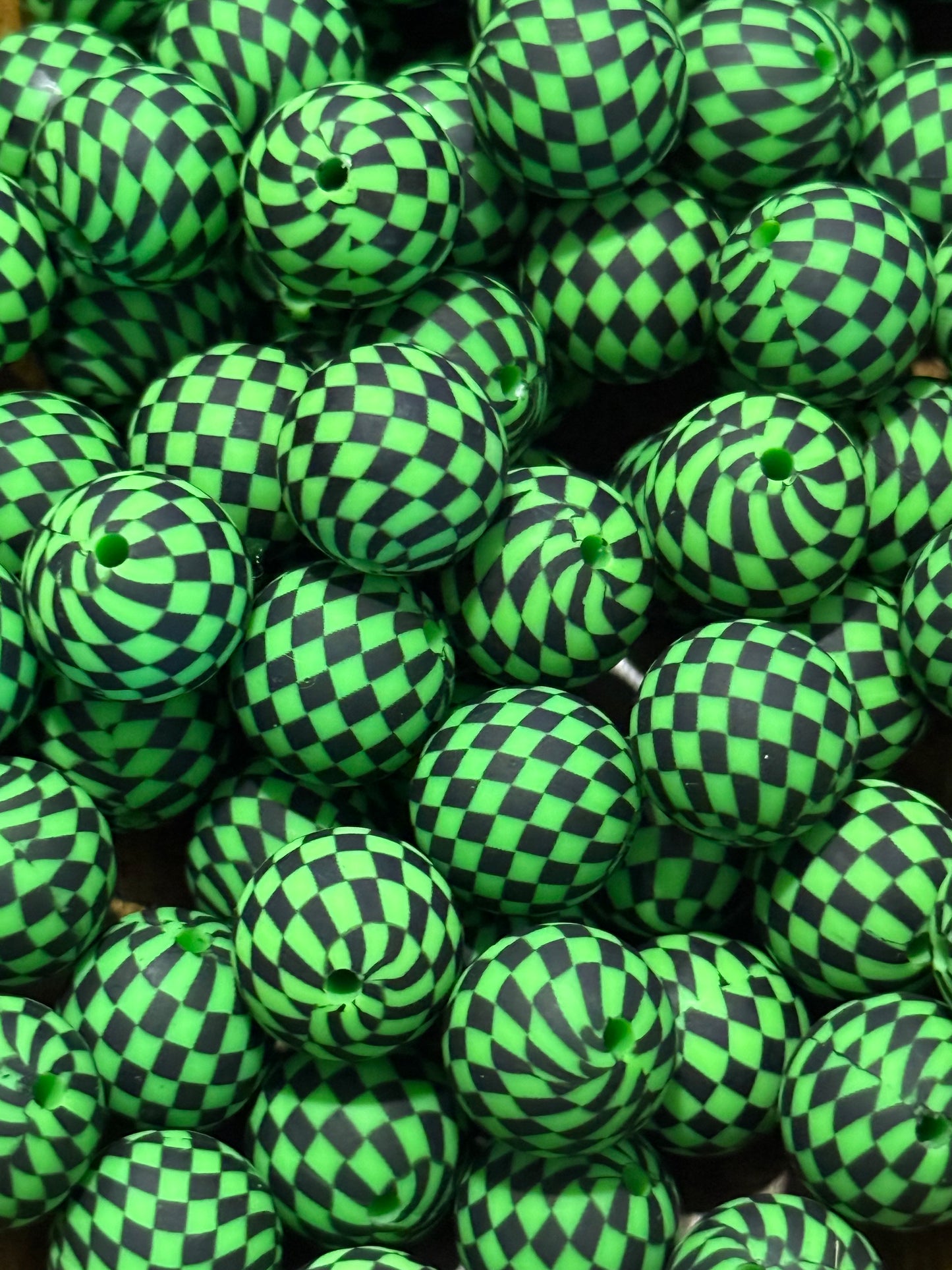 Green And Black Check 15mm Printed Round Silicone Bead