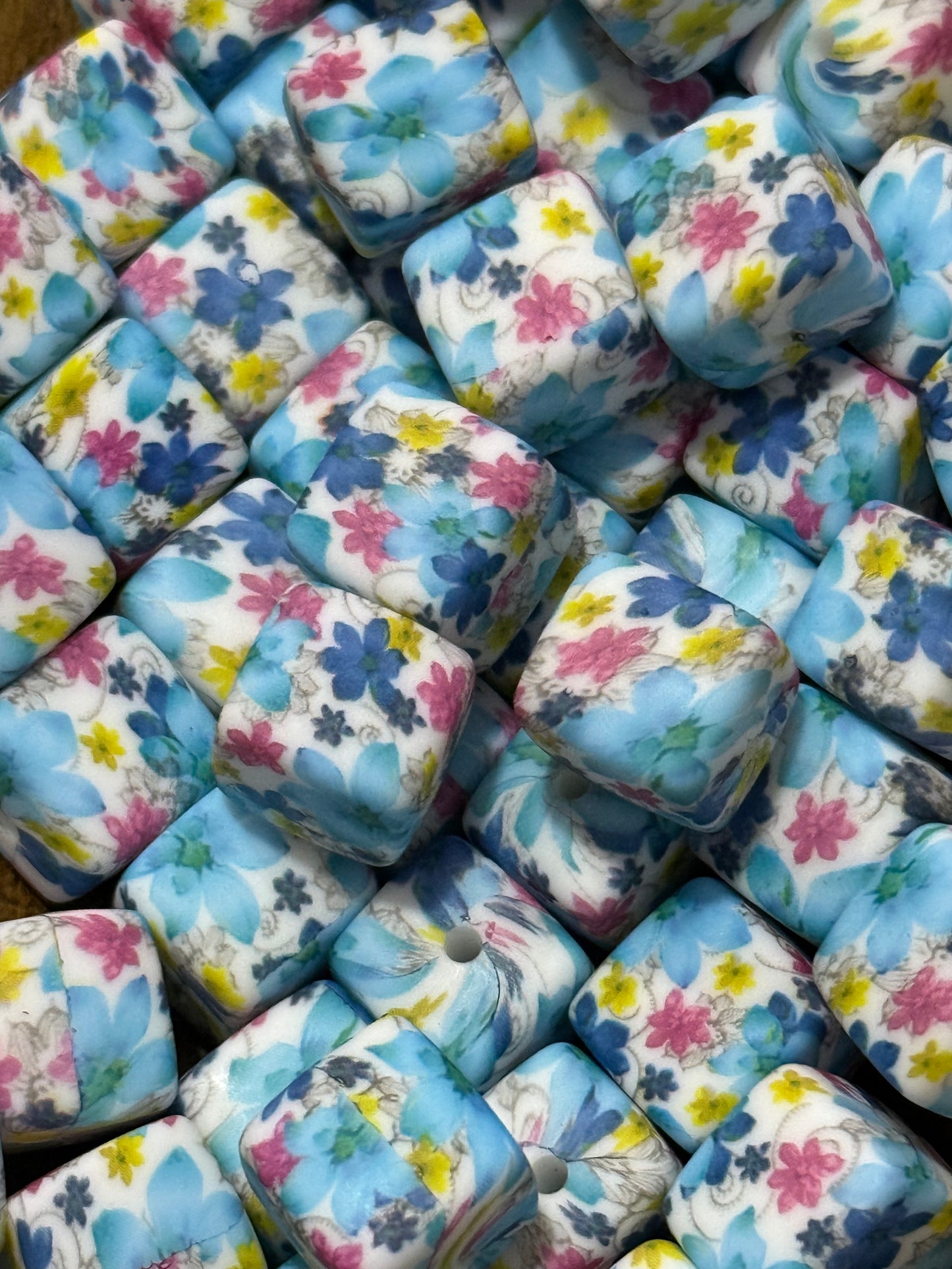 Spring Floral 13.5mm Square Printed Silicone Bead