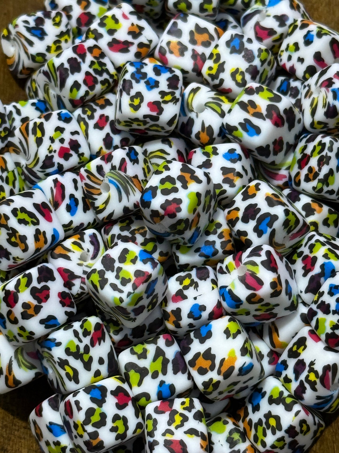 Neon Leopard 13.5mm Square Printed Silicone Bead