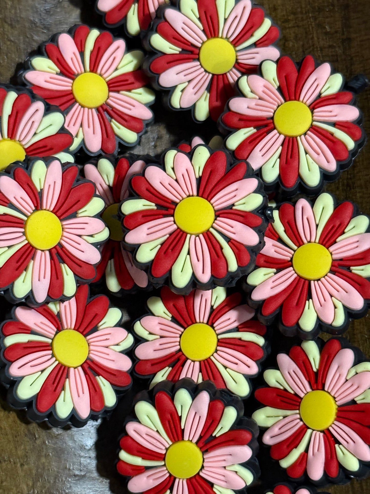 Pink & Red Daisy Silicone Focal Bead