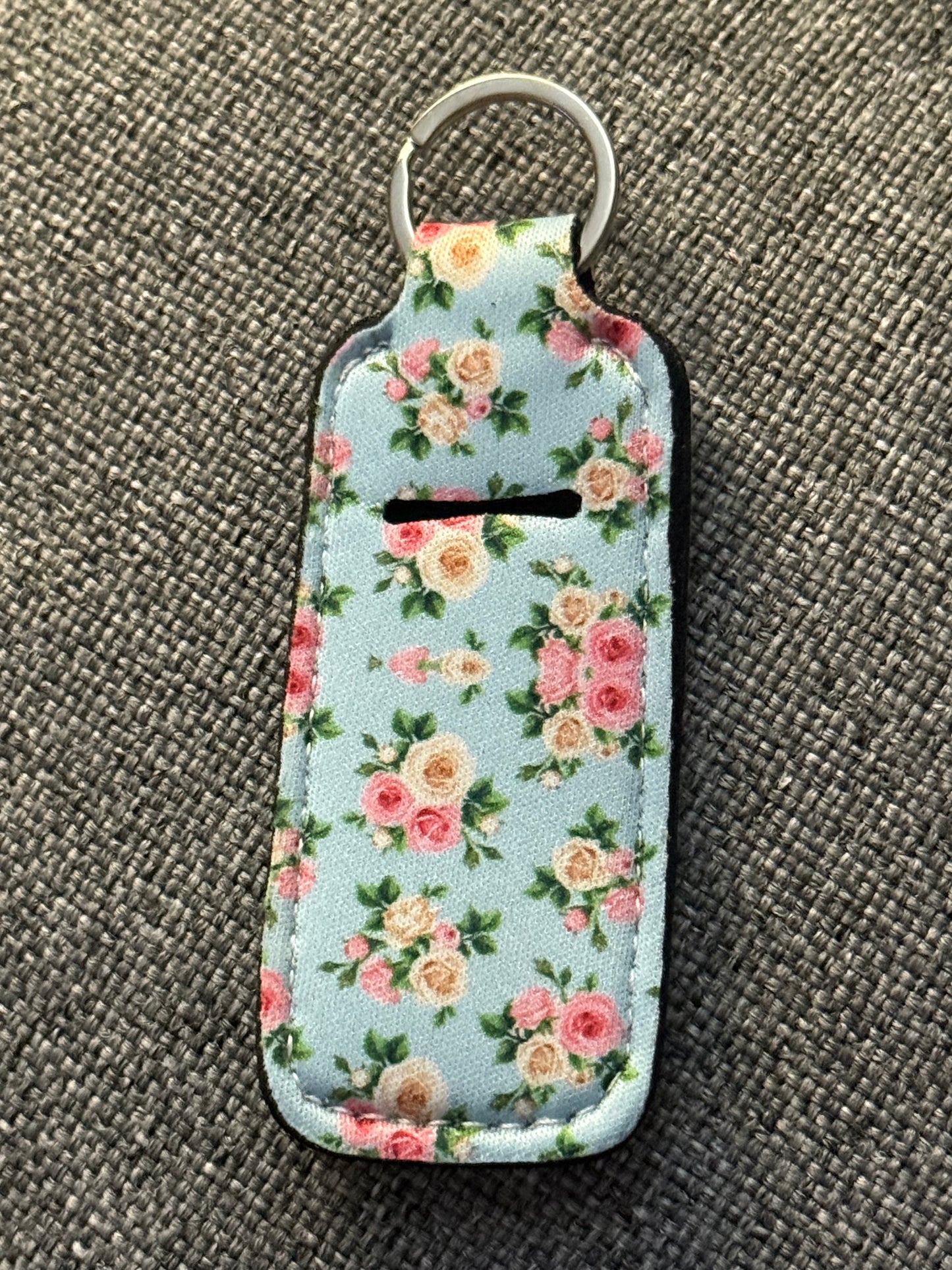 Blue Floral Neoprene Chapstick Holder Keychain – Lip Balm Sleeve with Key Ring