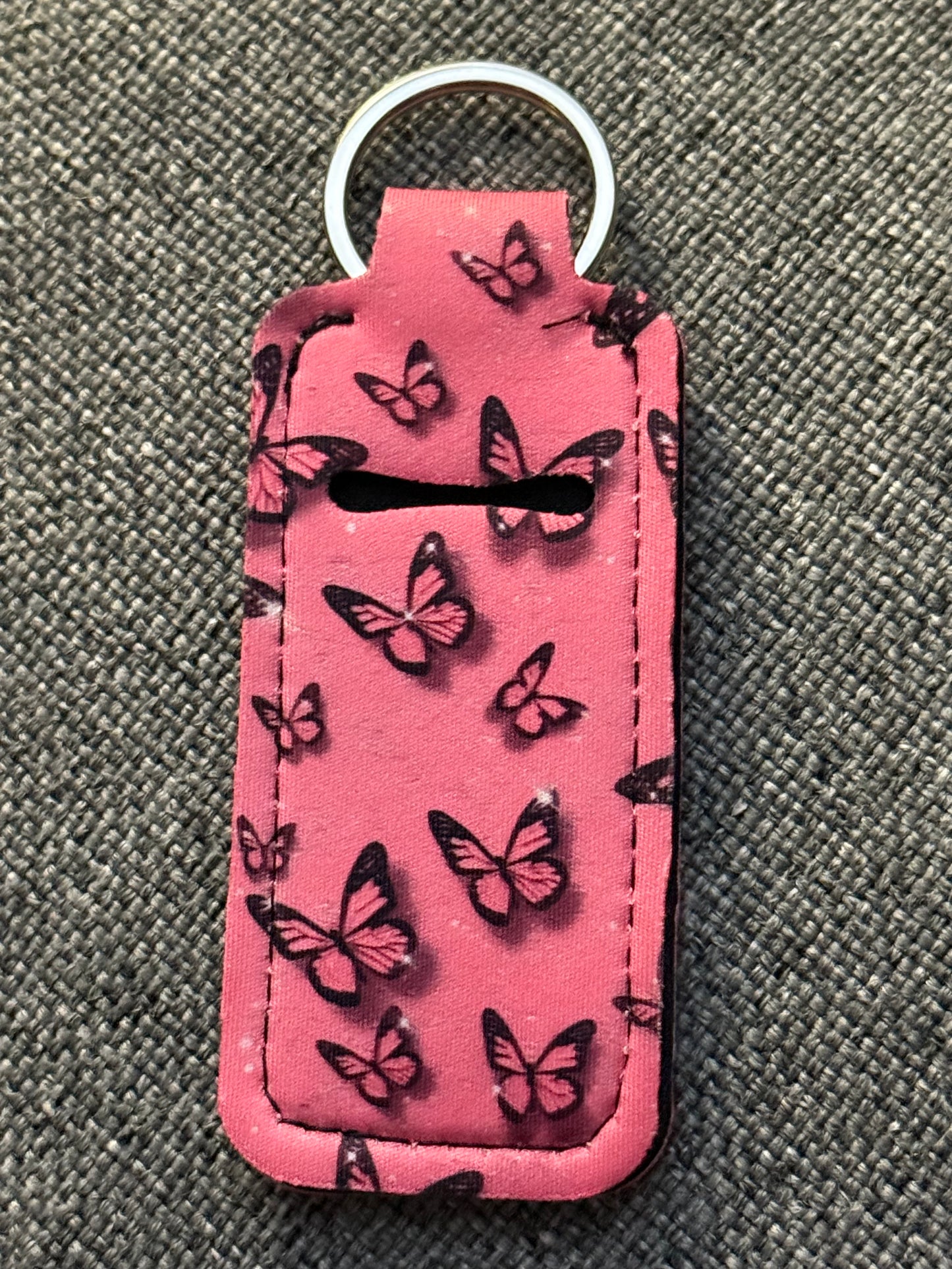 Pink Butterfly Neoprene Chapstick Holder Keychain – Lip Balm Sleeve with Key