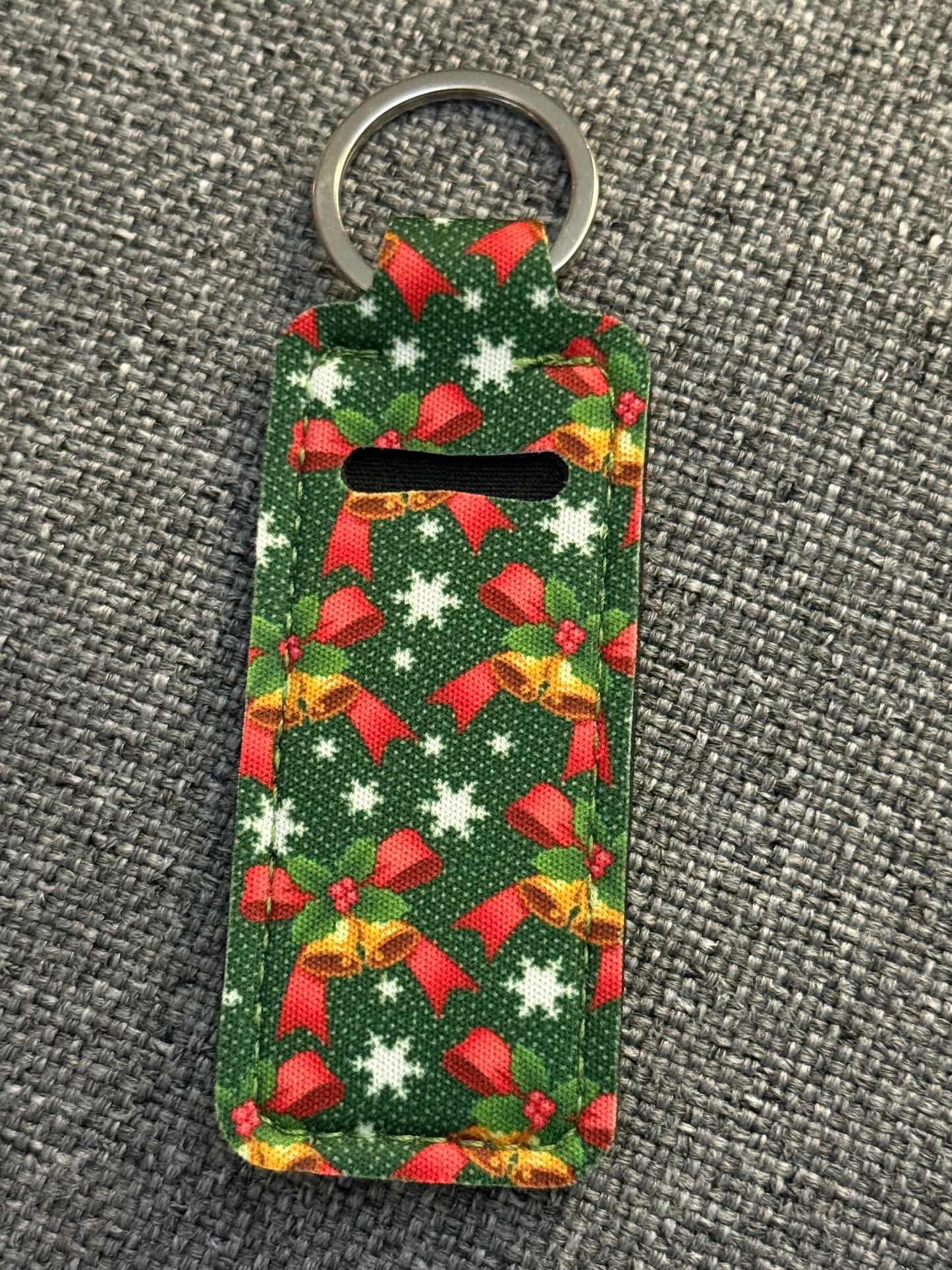 Christmas Bells Neoprene Chapstick Holder Keychain – Holiday Lip Balm Sleeve with Key Ring