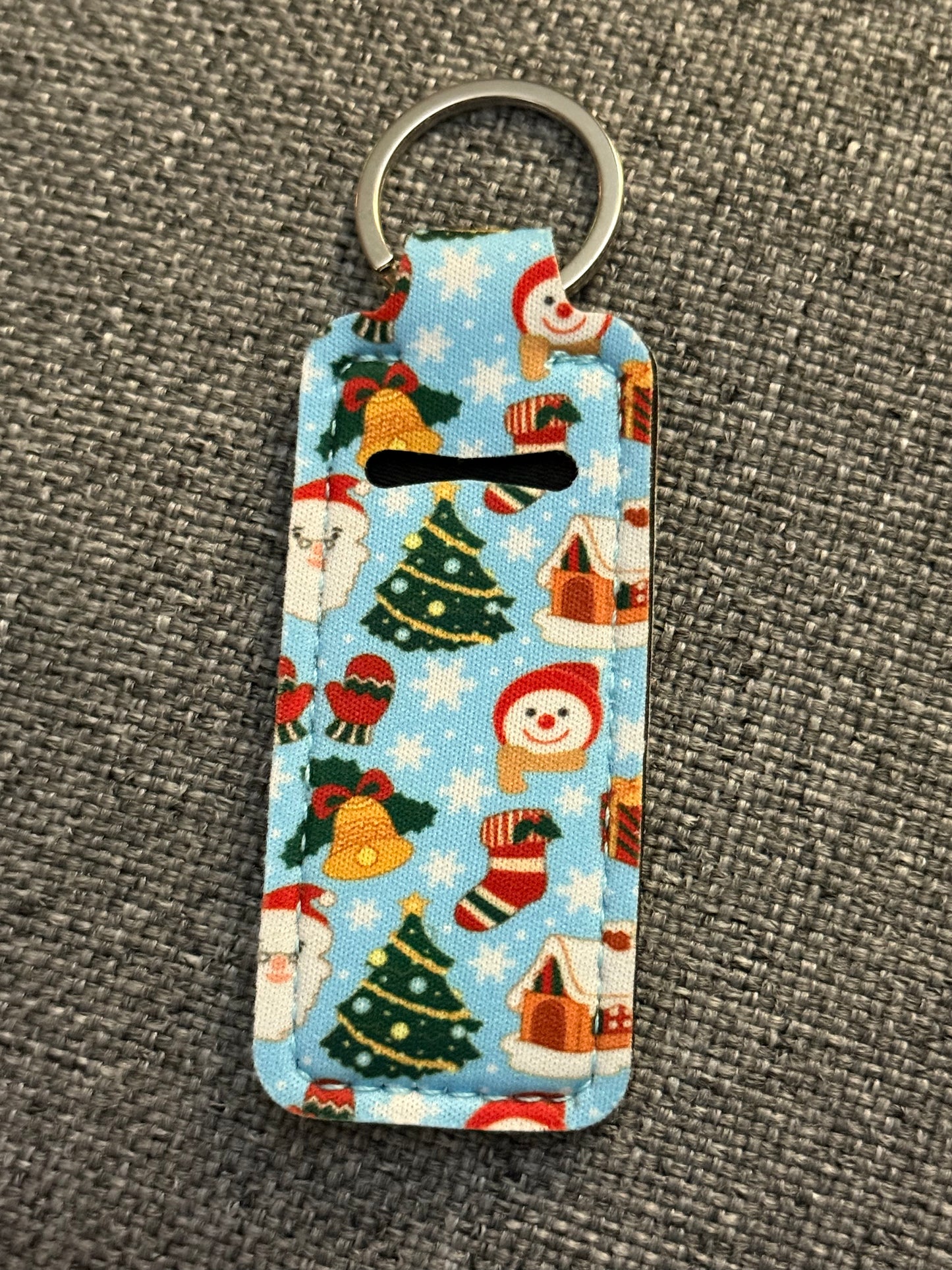 Blue Christmas Neoprene Chapstick Holder Keychain – Holiday Lip Balm Sleeve with Key Ring