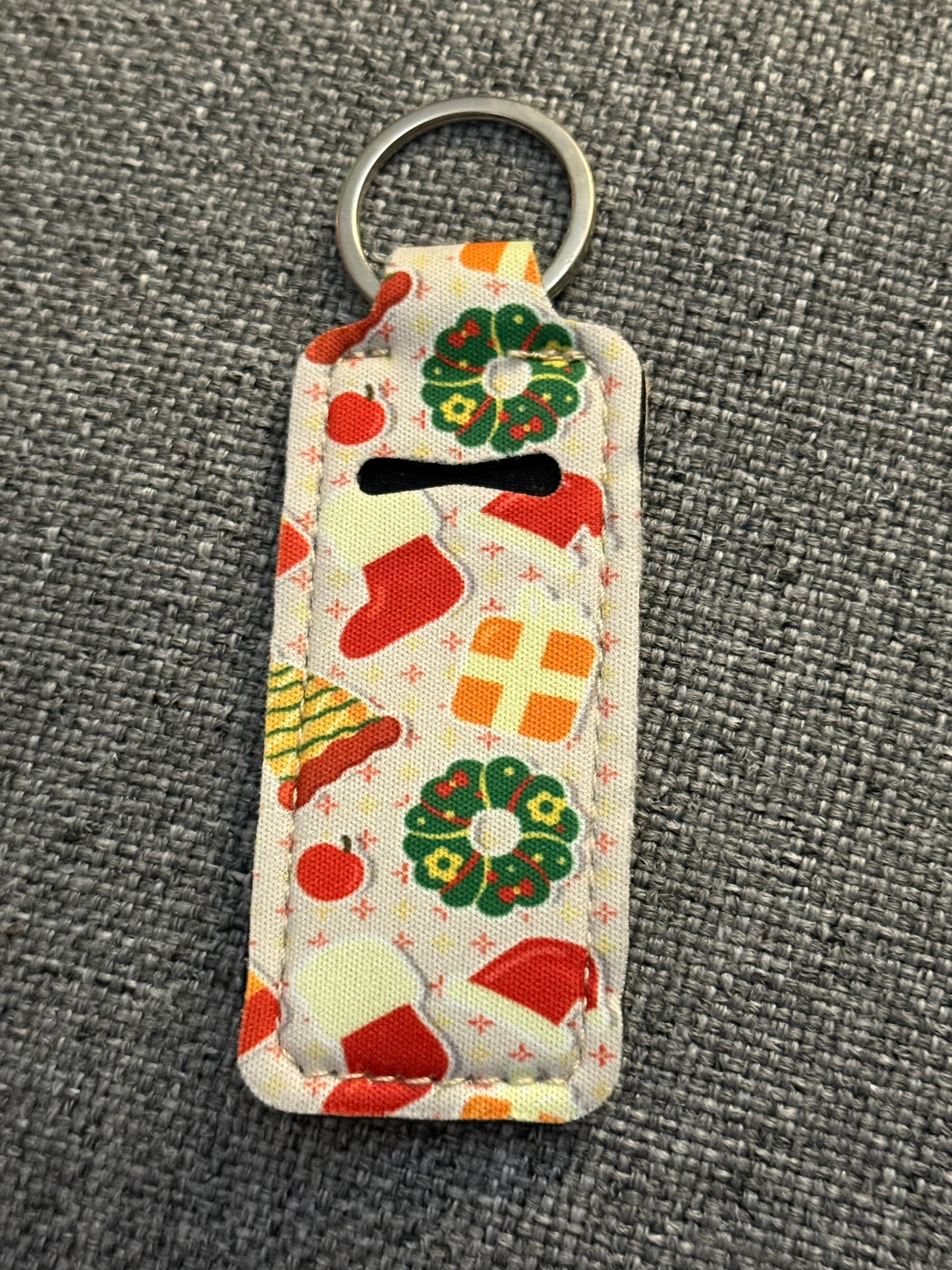 Christmas Wreath & Gift Neoprene Chapstick Holder Keychain – Holiday Lip Balm Sleeve with Key Ring