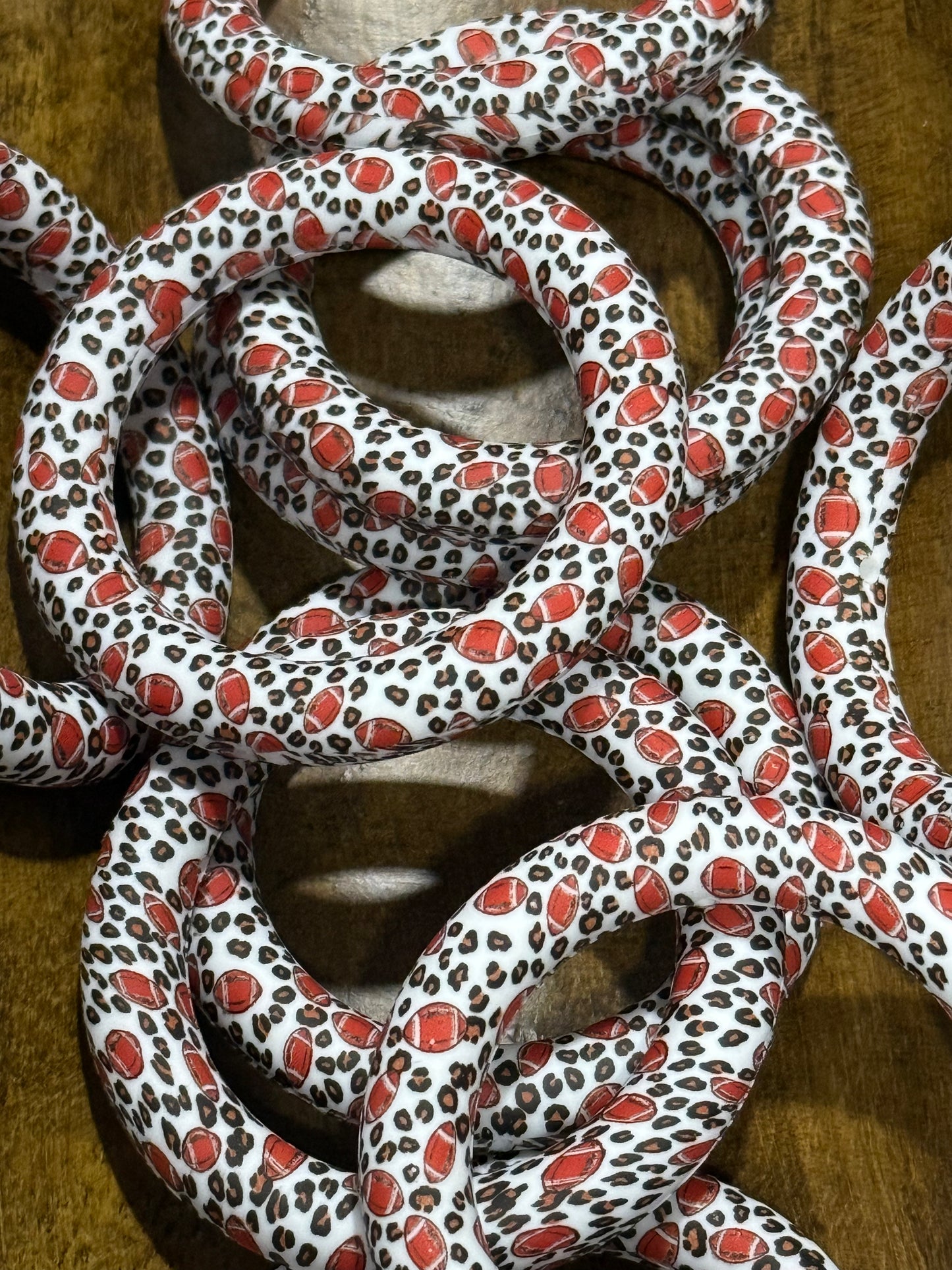 65mm Silicone Printed Ring Beads – Football & Leopard Pattern Focal Rings for Wristlets, Keychains & DIY Crafts