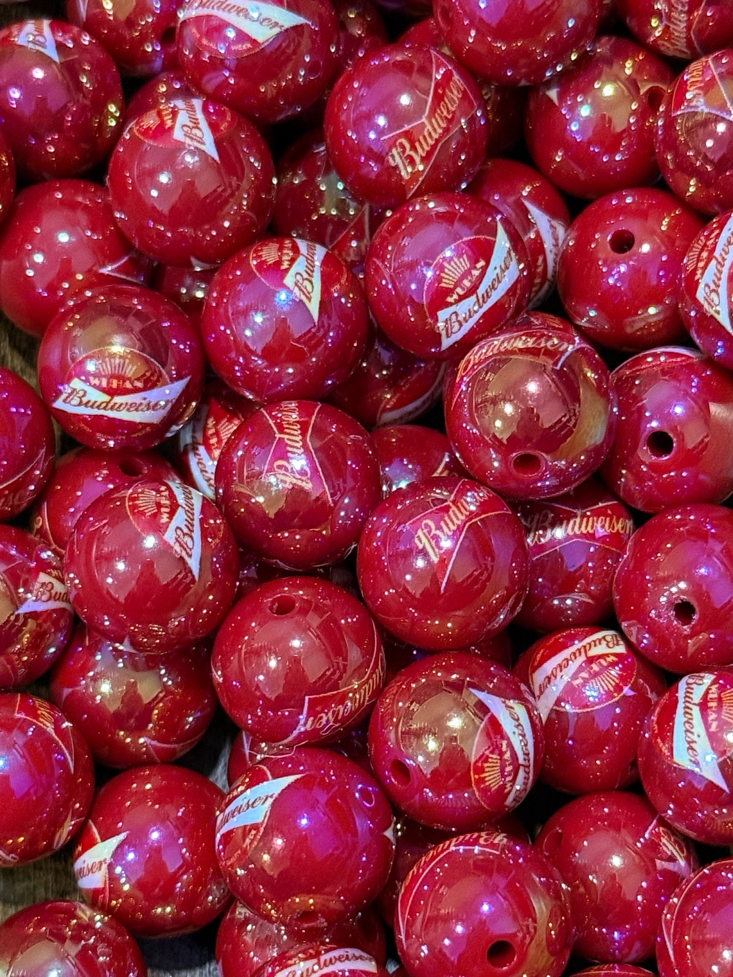 16mm Red Beverage-Inspired Acrylic Beads – Glossy Logo Style Round Beads for Keychains, Wristlets & Craft Projects