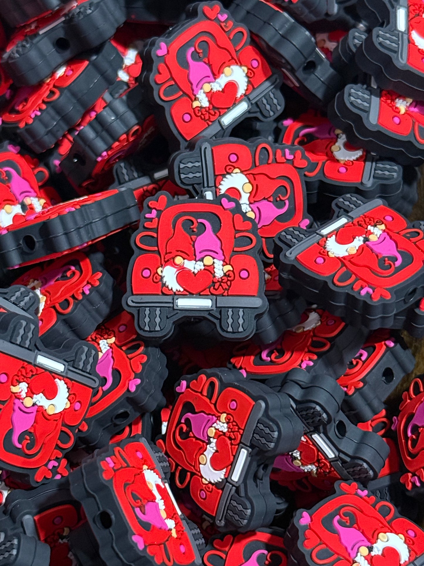 Valentine Gnome in Red Jeep Silicone Focal Bead – Holiday Truck Bead for Keychains, Wristlets, Beadable Pens & Crafts