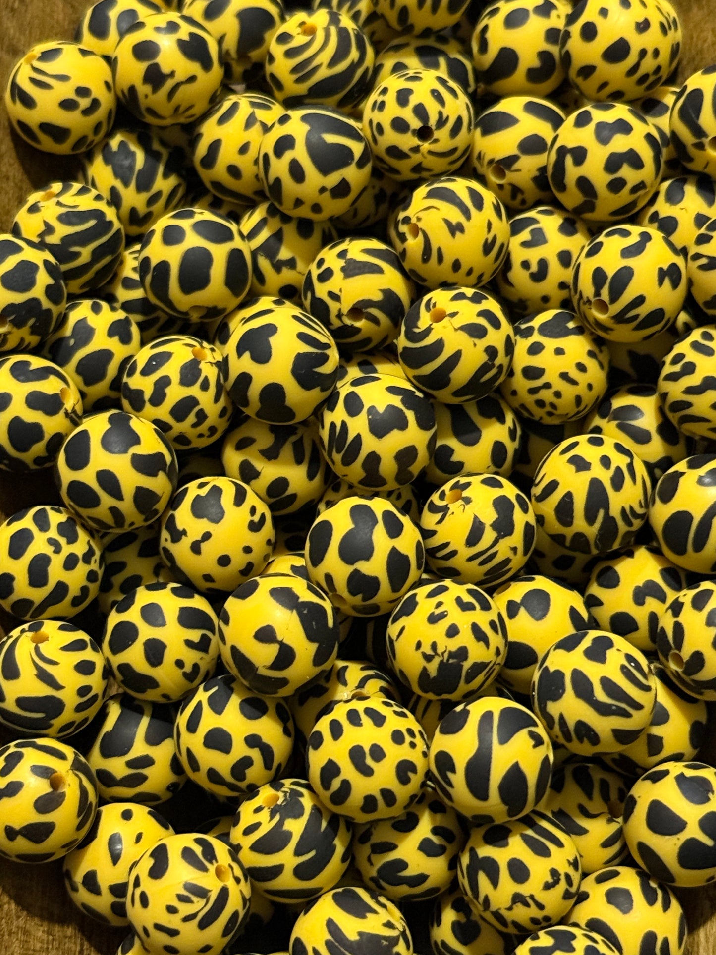 Yellow Leopard Print 15mm Silicone Beads | Black & Yellow Animal Print Round Beads for Keychains, Pens & DIY Crafts