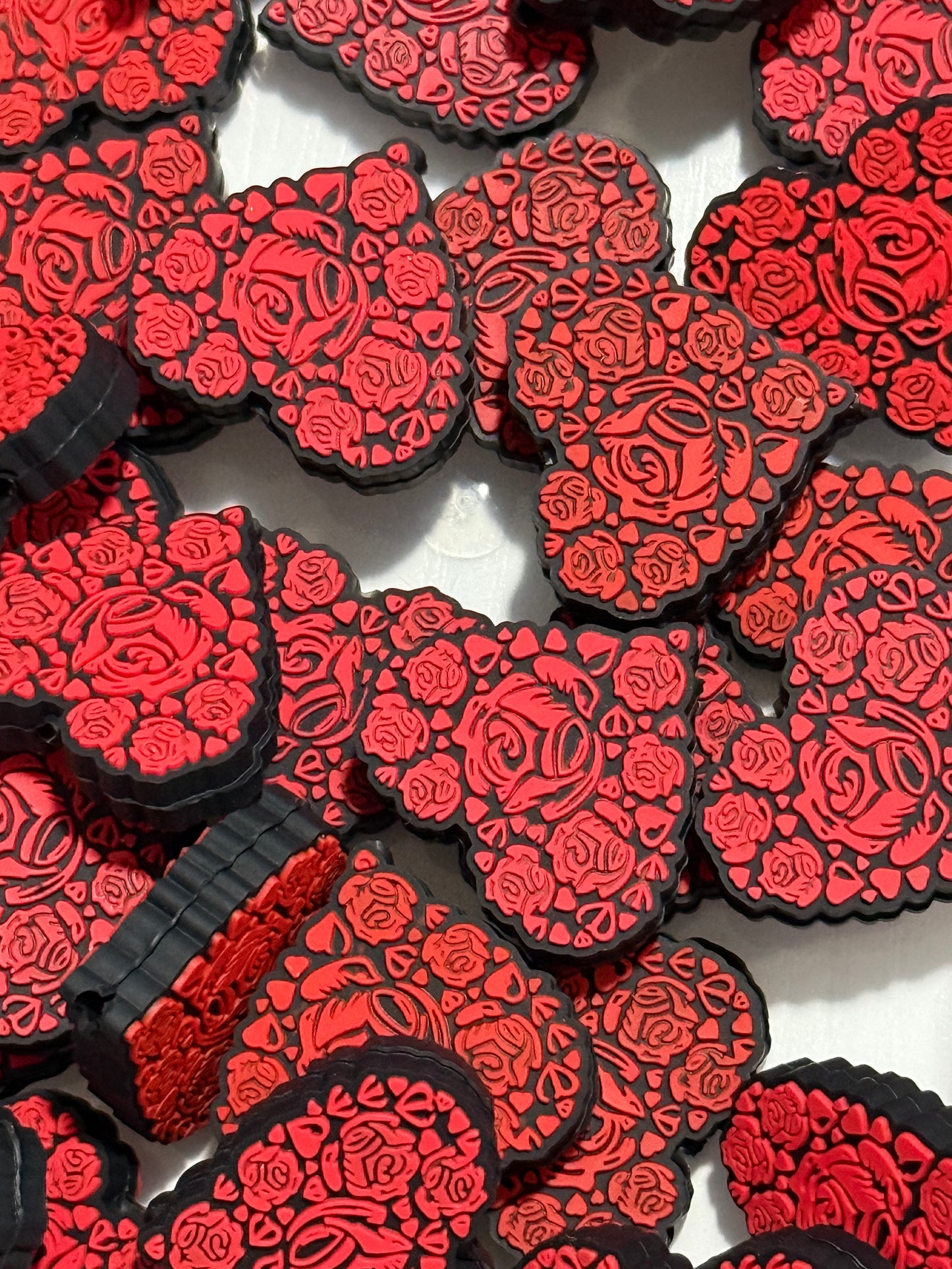 Rose Heart Silicone Focal Bead – Red & Black | Sold Individually