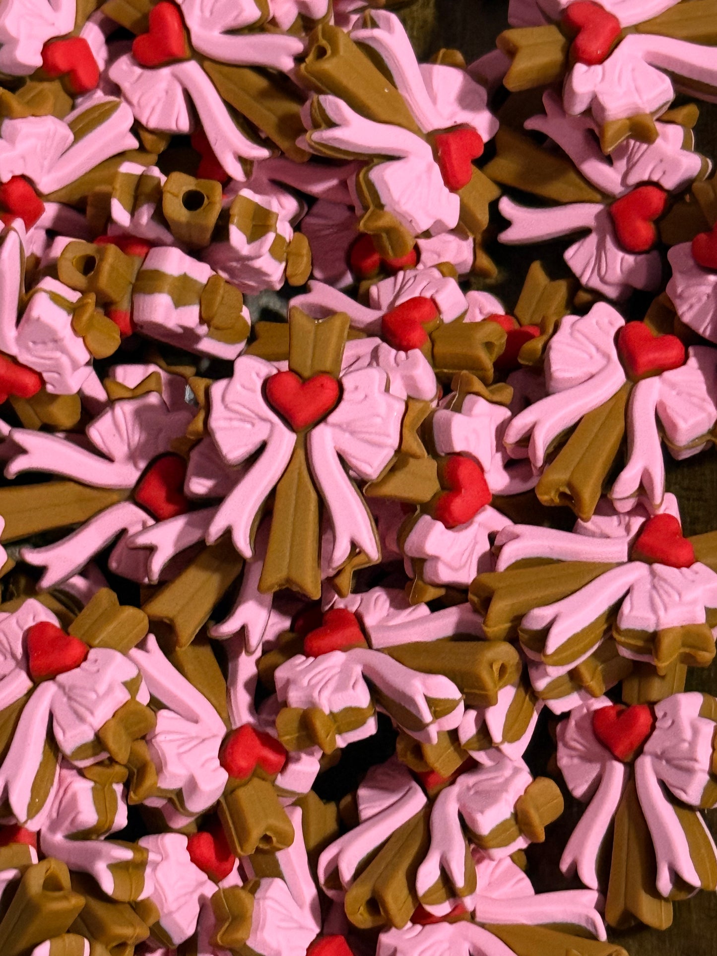 Pink Bow Cross Silicone Focal Bead with Heart – Valentine Style | Sold Individually