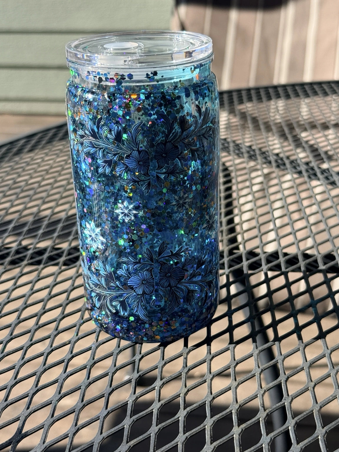 “Midnight Bloom Happiness Cup – Mama Blue Glitter Snowglobe Tumbler”
