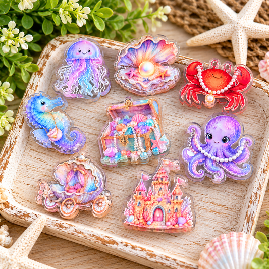 Enchanted Under the Sea acrylic focal beads including a jellyfish, seahorse, octopus, crab, treasure chest, castle and shell carriage