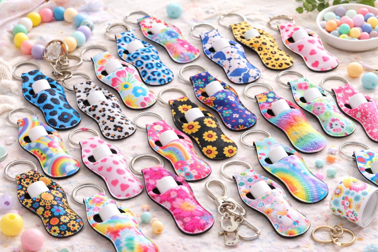 Carry Happiness | Neoprene Chapstick Keychain Holders