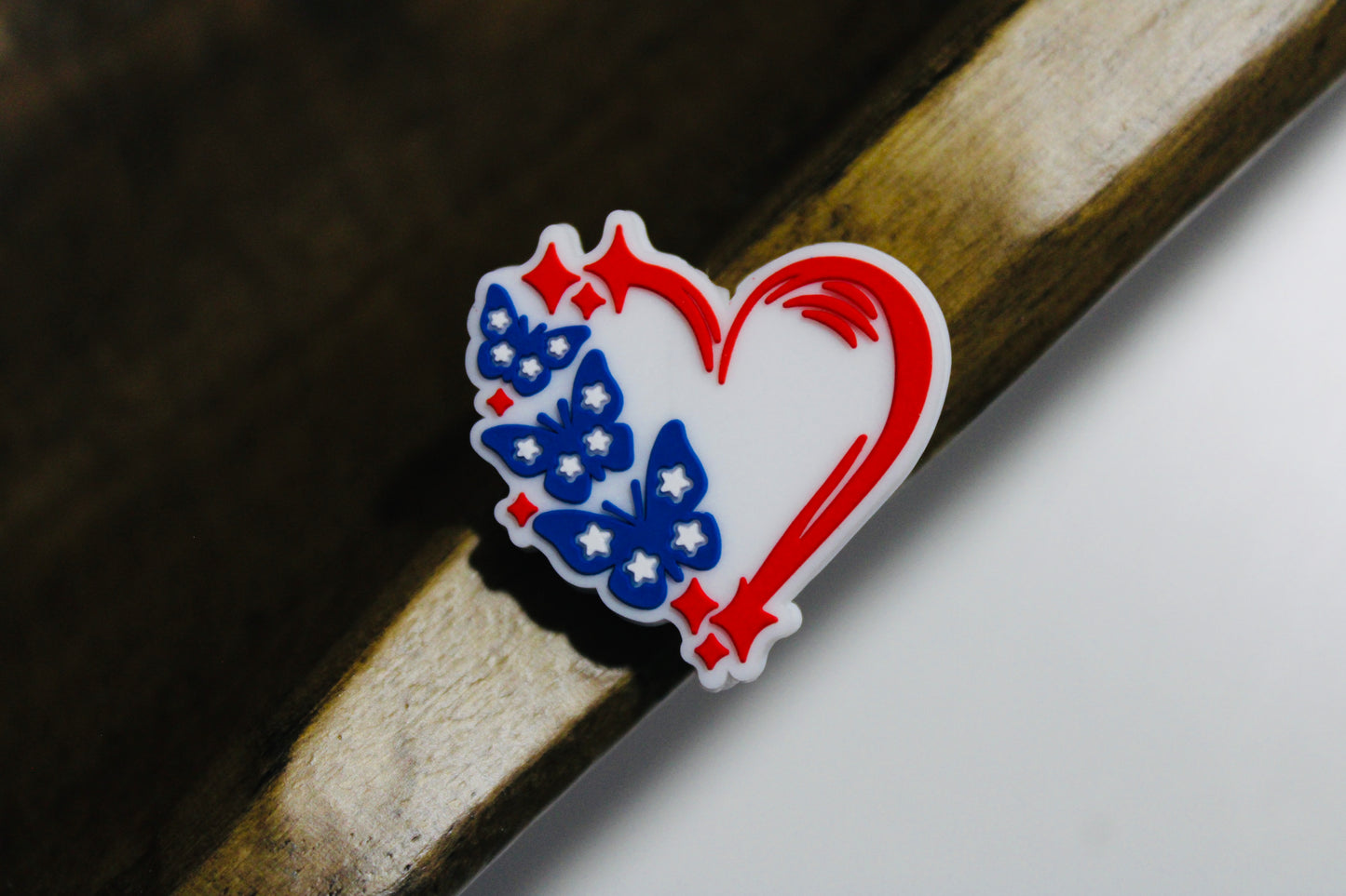 Red White Blue Heart With Butterflies Silicone Focal Bead