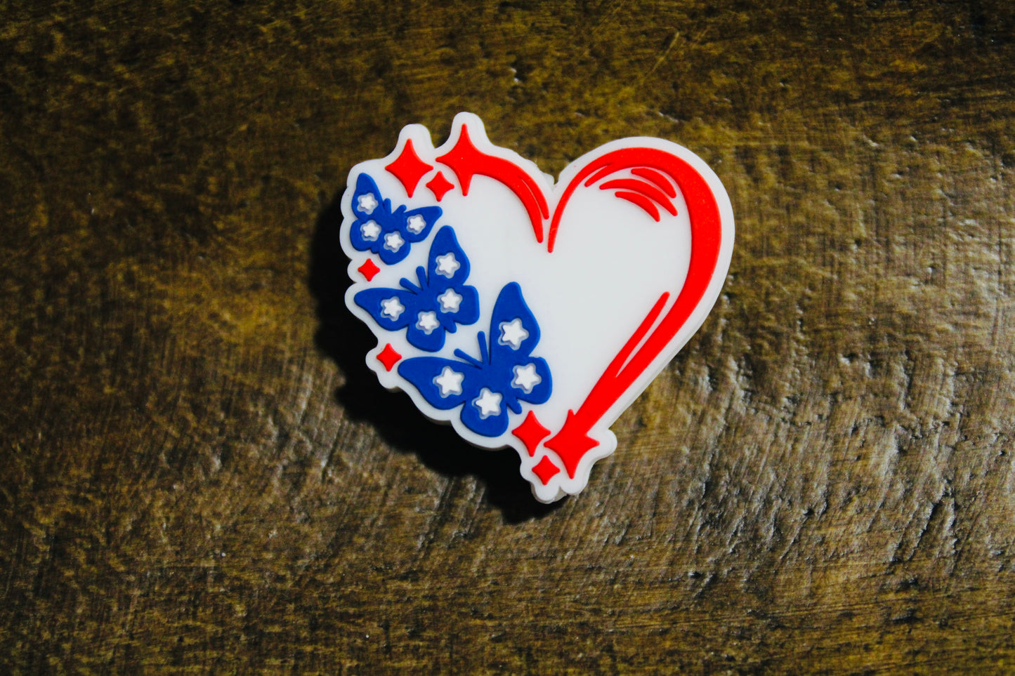 Red White Blue Heart With Butterflies Silicone Focal Bead