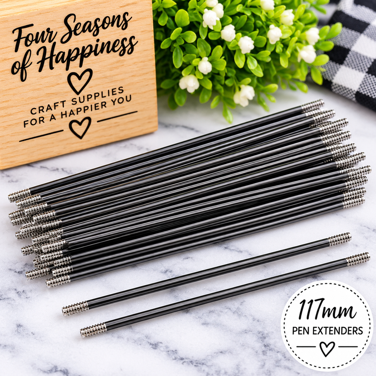 117mm dark metal beadable pen extenders with threaded ends sold in a 10-count bag for DIY beadable pen making and craft projects.