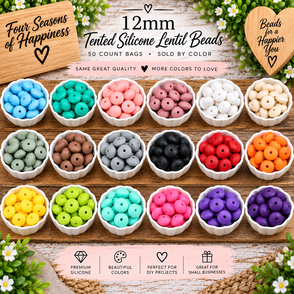 FSOH 12mm silicone lentil spacer beads available in individual colors and sold in 50-count bags for wristlets, keychains and DIY bead projects.