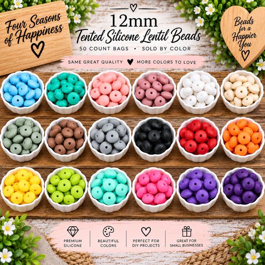 FSOH 12mm silicone lentil spacer beads available in individual colors and sold in 50-count bags for wristlets, keychains and DIY bead projects.