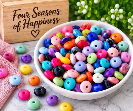Mixed color 12mm opal silicone lentil spacer beads with a shimmering finish, sold in 30-count bags by Four Seasons of Happiness.