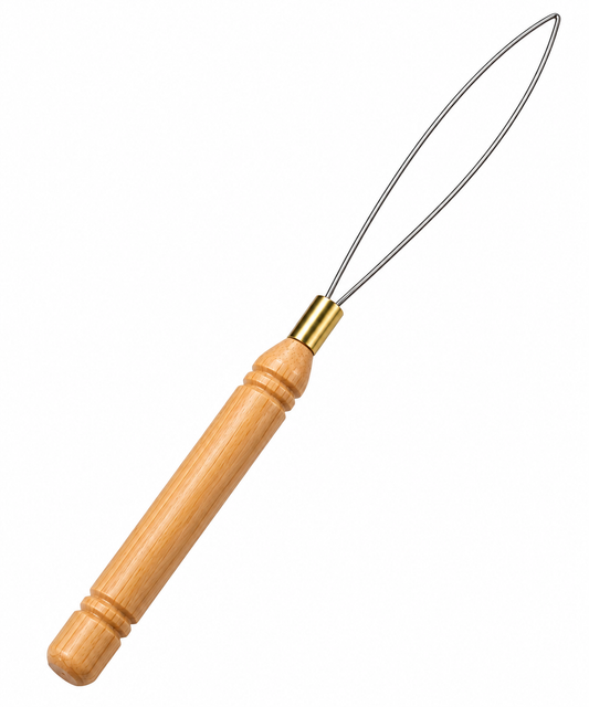 14cm wood handle jewelry needle hook tool featuring a flexible silver metal wire loop and natural wooden handle for DIY bead threading, jewelry making, and crafts.