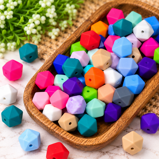 Assorted 14mm silicone hexagon beads in bright and pastel colors, sold in random 20-count bags